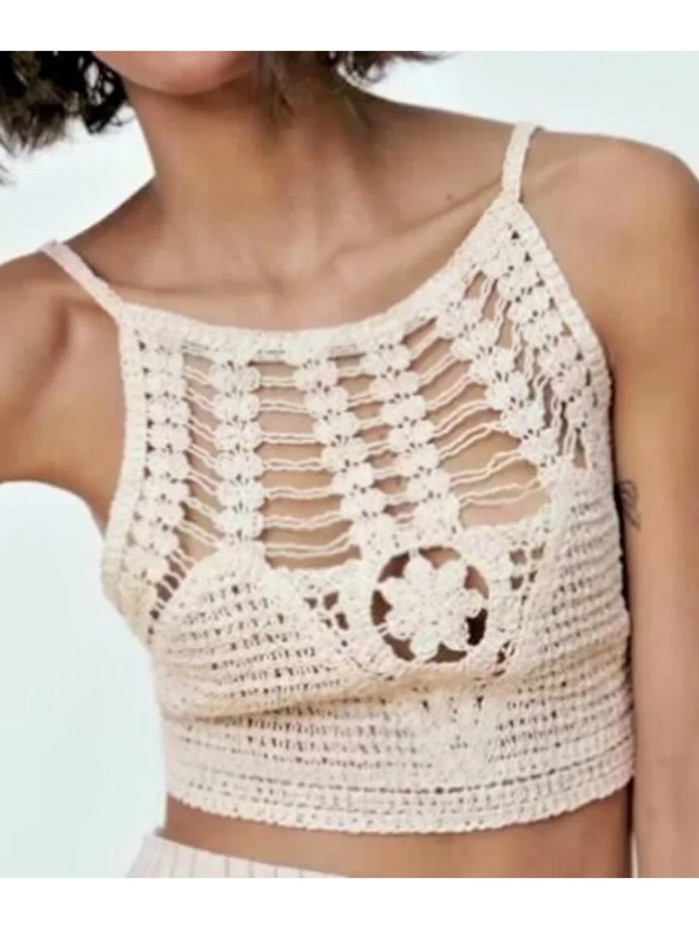 Zara Crochet Floral-Detail Crop Top - Cream